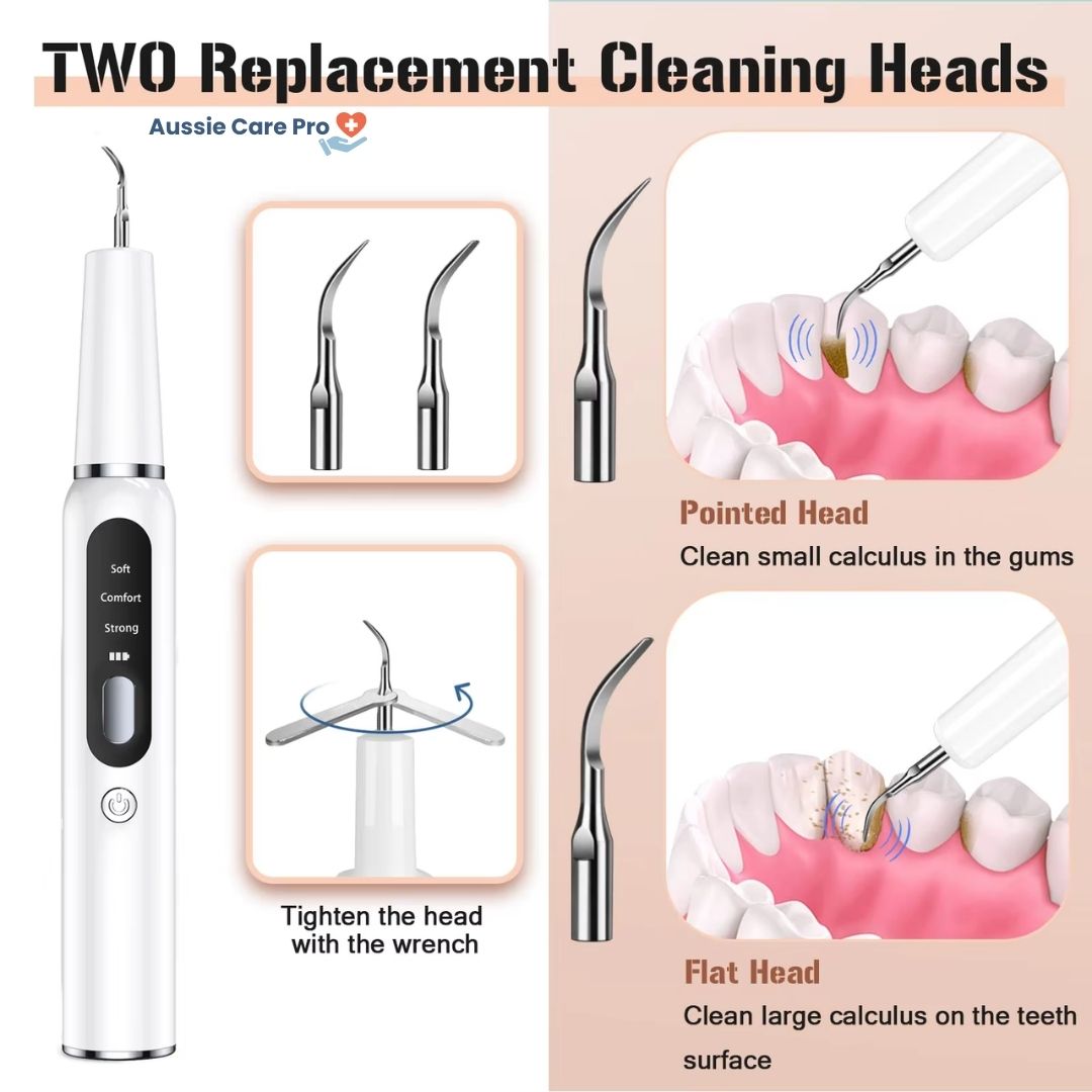 "Ultrasonic dental plaque remover with metal tips, ergonomic cordless design, USB rechargeable for effective tartar removal."