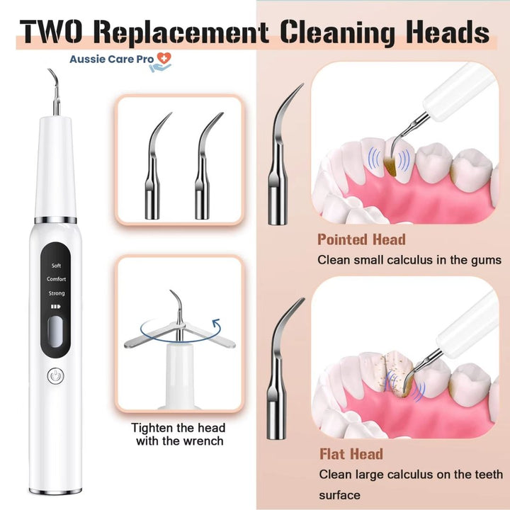 "Ultrasonic dental plaque remover with metal tips, ergonomic cordless design, USB rechargeable for effective tartar removal."