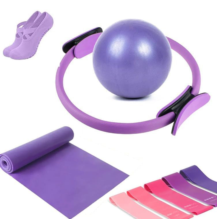 Unisex 9PCS Pilates Set with ring, ball, bands for versatile home workouts. Boost strength, flexibility, and balance.