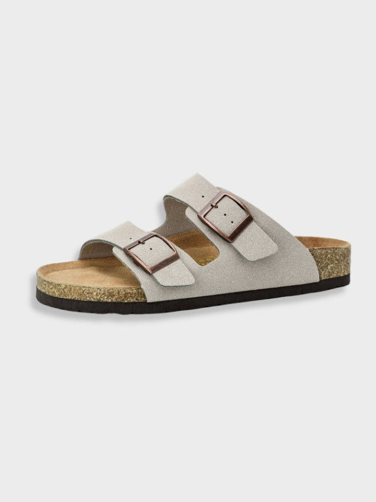"Unisex Arizona-style sandals, gray leather straps, open toe, cork footbed, ideal casual shoes for men and women."