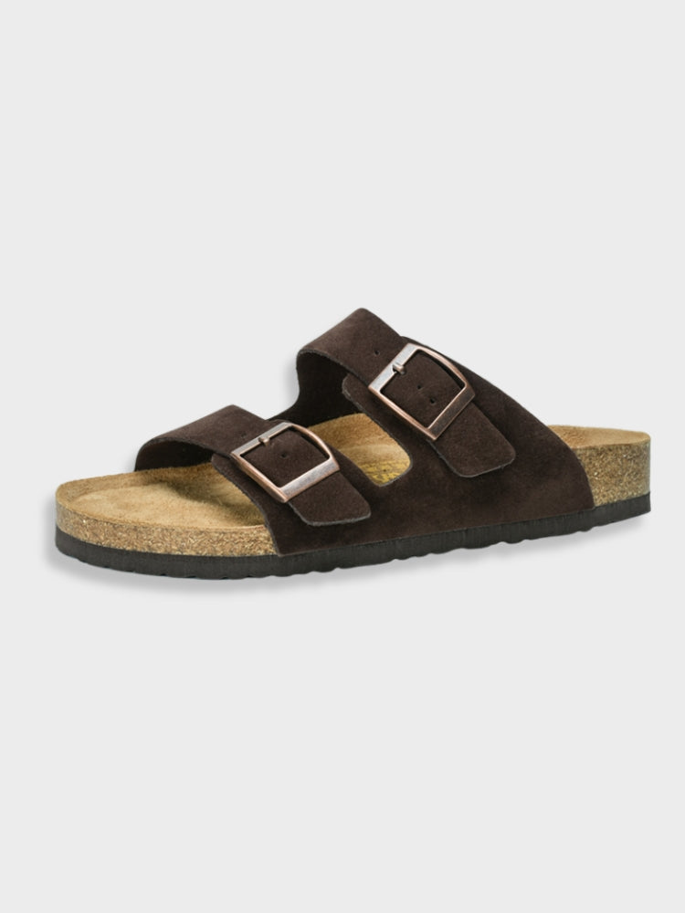 "Unisex Arizona-style sandals, gray leather straps, open toe, cork footbed, ideal casual shoes for men and women."