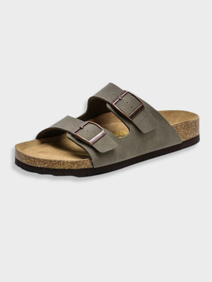 "Unisex Arizona-style sandals, gray leather straps, open toe, cork footbed, ideal casual shoes for men and women."