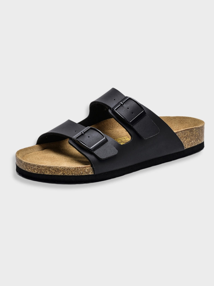 "Unisex Arizona-style sandals, gray leather straps, open toe, cork footbed, ideal casual shoes for men and women."