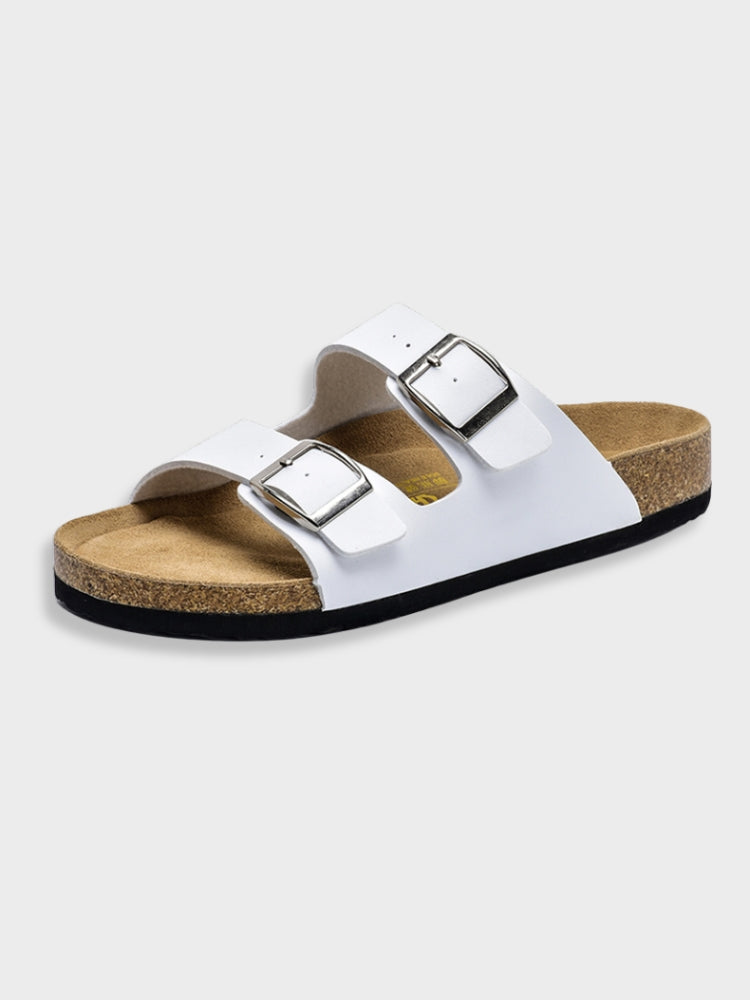 "Unisex Arizona-style sandals, gray leather straps, open toe, cork footbed, ideal casual shoes for men and women."