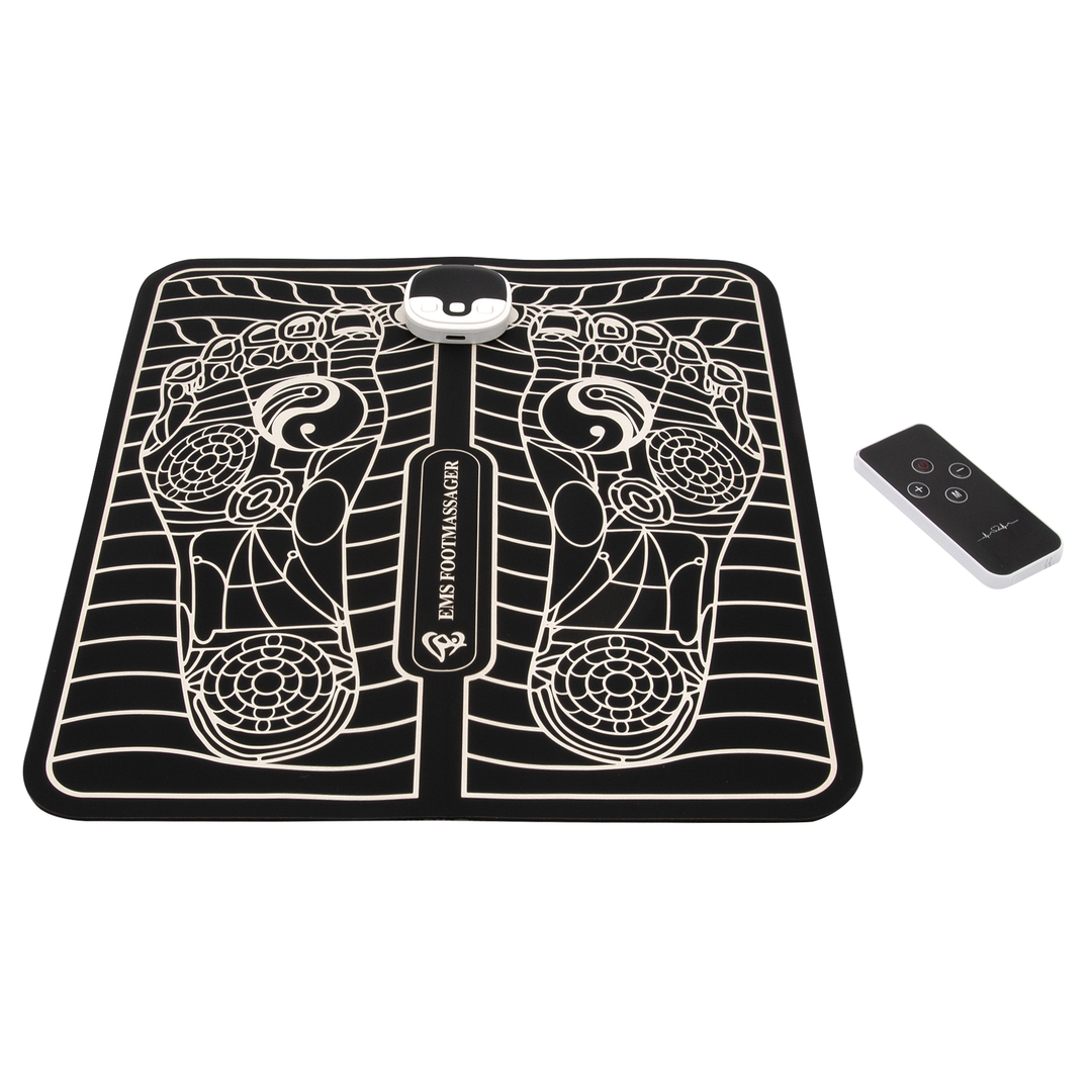 "Unisex EMS foot massager with a sleek design, showcasing six massage modes and portability for pain relief and relaxation."