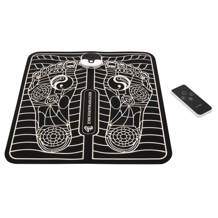 "Unisex EMS foot massager with a sleek design, showcasing six massage modes and portability for pain relief and relaxation."