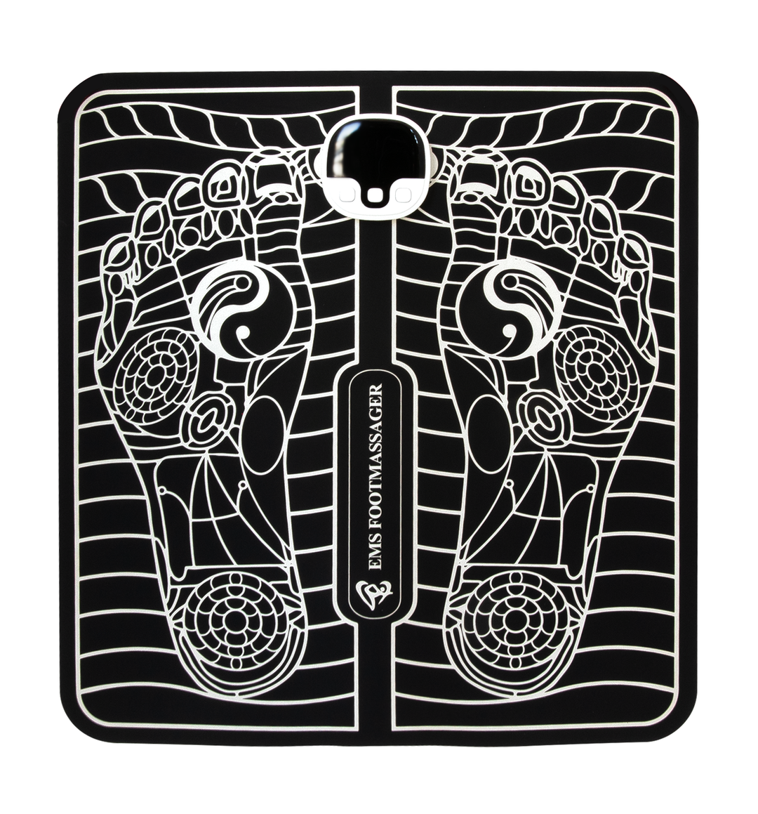 "Unisex EMS foot massager with a sleek design, showcasing six massage modes and portability for pain relief and relaxation."