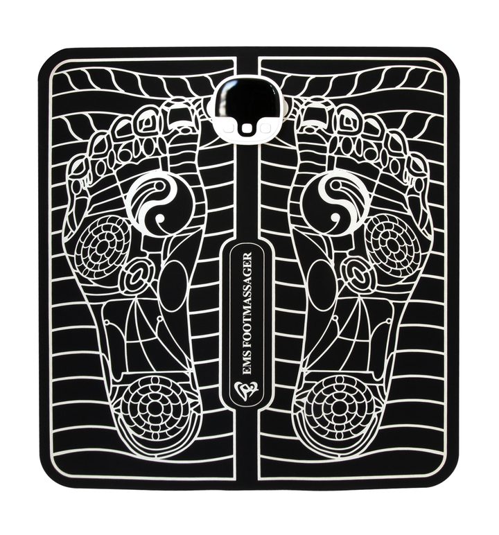 "Unisex EMS foot massager with a sleek design, showcasing six massage modes and portability for pain relief and relaxation."