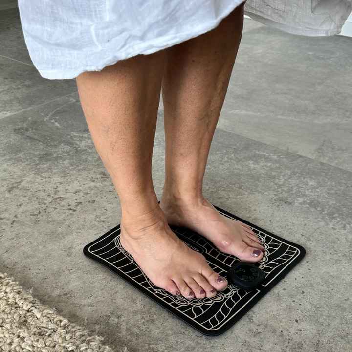 "Unisex EMS foot massager with a sleek design, showcasing six massage modes and portability for pain relief and relaxation."