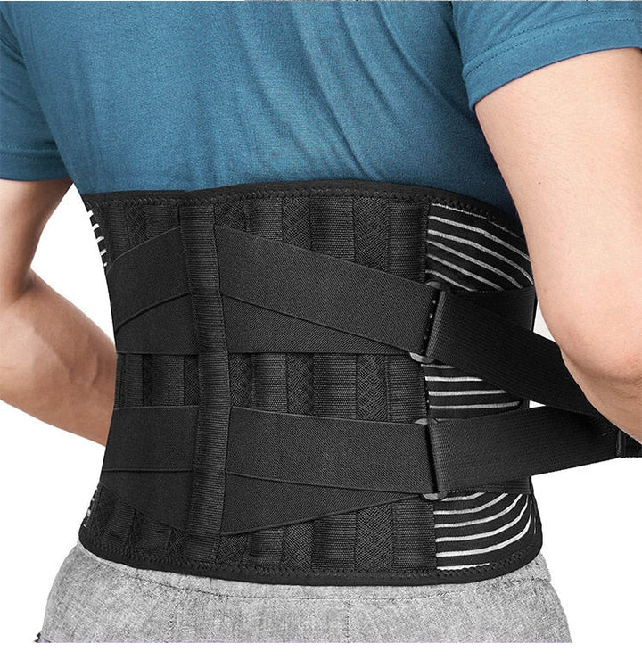 Unisex adjustable compression back support brace with elastic straps and breathable fabric for lower back pain relief and mob