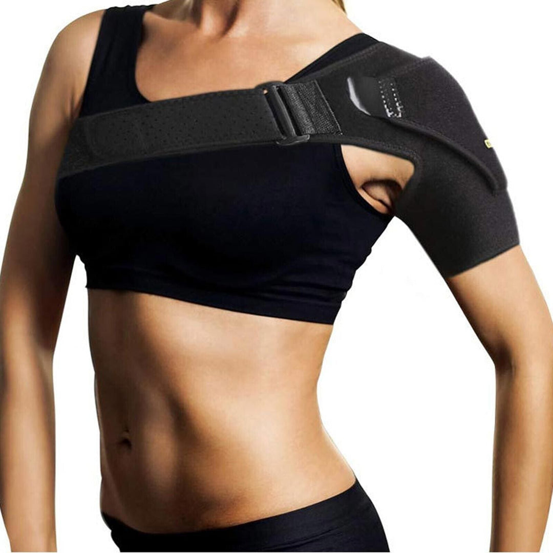 Unisex adjustable neoprene shoulder brace with breathable material, ergonomic design for pain relief and support.