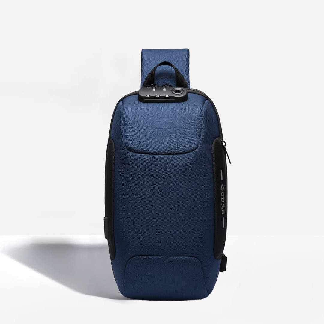 "Unisex anti-theft crossbody bag with USB charging, slash-proof strap, lockable compartment, and hardshell exterior in black.