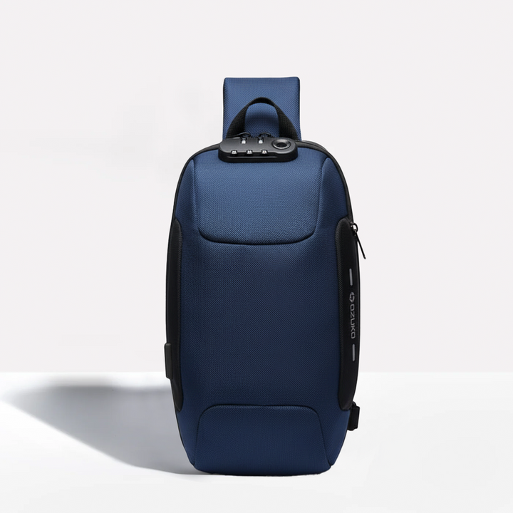 "Unisex anti-theft crossbody bag with USB charging, slash-proof strap, lockable compartment, and hardshell exterior in black.