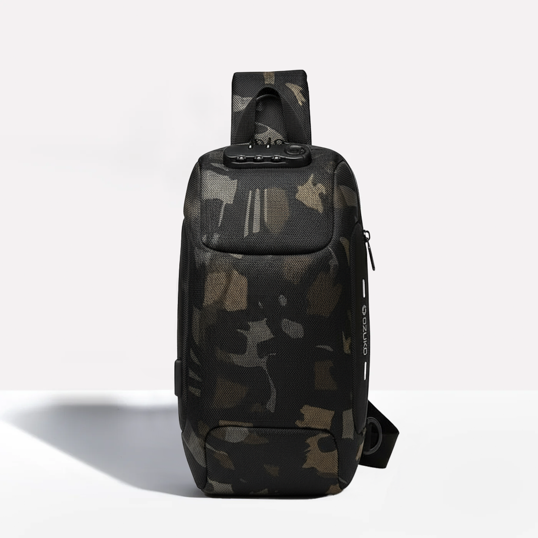 "Unisex anti-theft crossbody bag with USB charging, slash-proof strap, lockable compartment, and hardshell exterior in black.