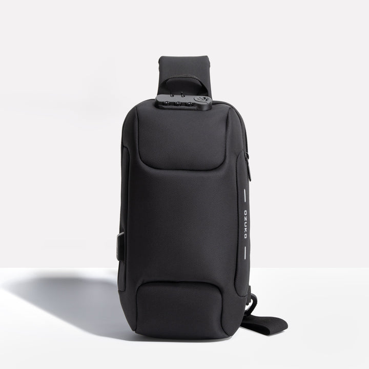 "Unisex anti-theft crossbody bag with USB charging, slash-proof strap, lockable compartment, and hardshell exterior in black.