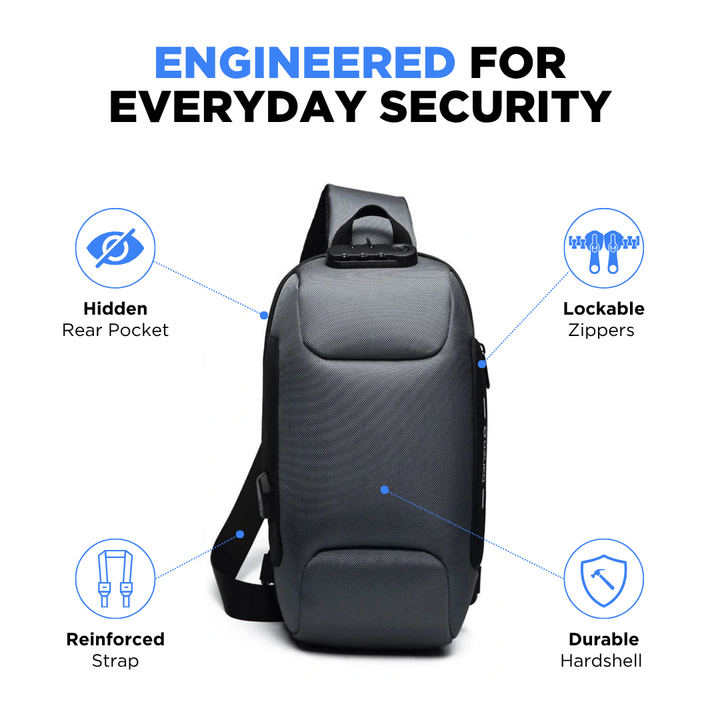 "Unisex anti-theft crossbody bag with USB charging, slash-proof strap, lockable compartment, and hardshell exterior in black.