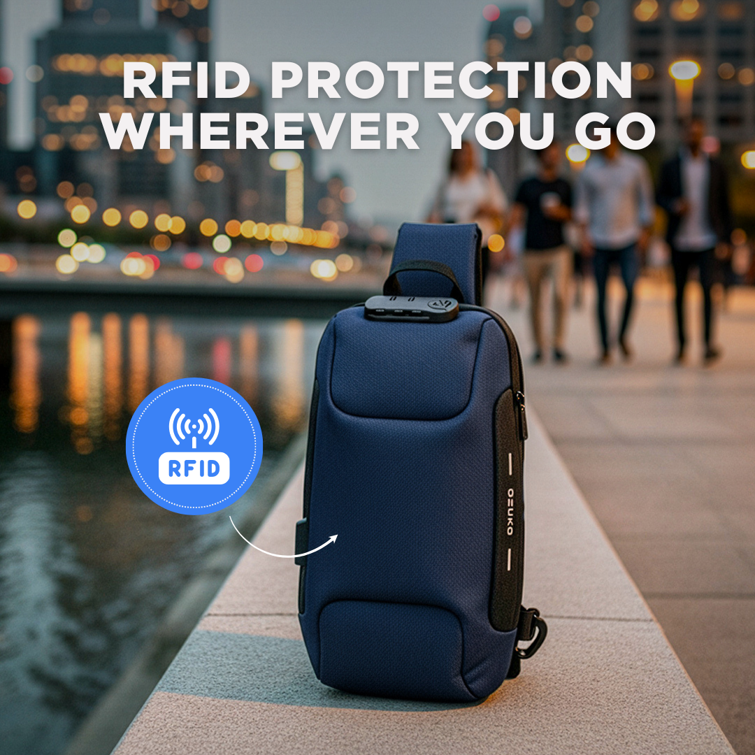 "Unisex anti-theft crossbody bag with USB charging, slash-proof strap, lockable compartment, and hardshell exterior in black.