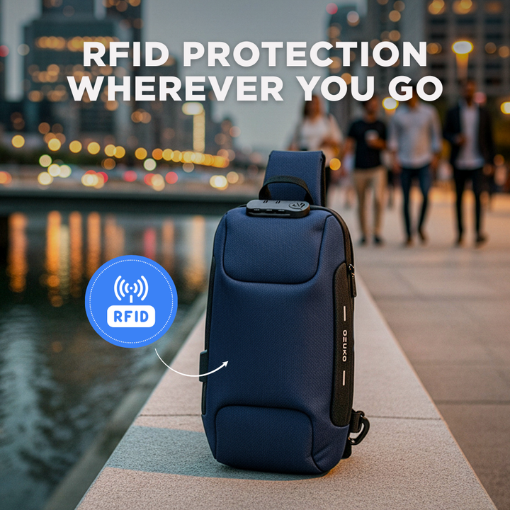 "Unisex anti-theft crossbody bag with USB charging, slash-proof strap, lockable compartment, and hardshell exterior in black.