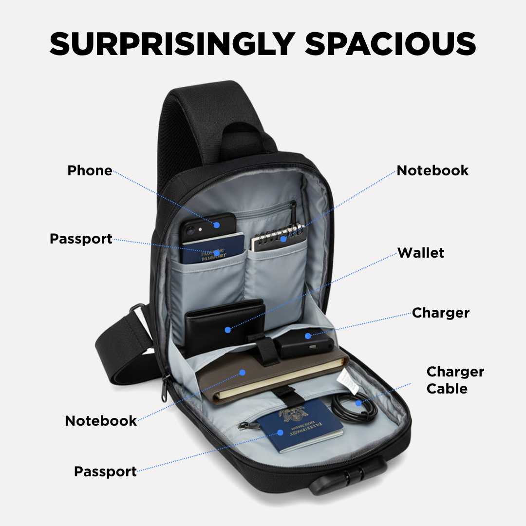 "Unisex anti-theft crossbody bag with USB charging, slash-proof strap, lockable compartment, and hardshell exterior in black.