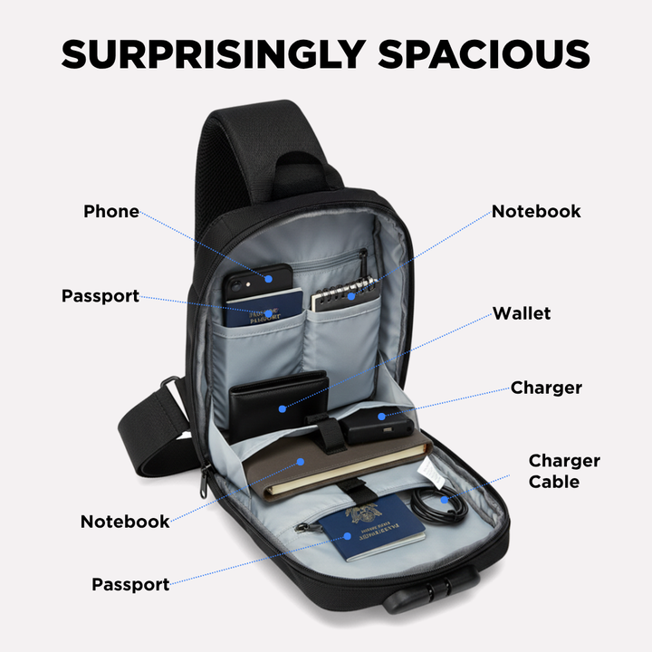 "Unisex anti-theft crossbody bag with USB charging, slash-proof strap, lockable compartment, and hardshell exterior in black.