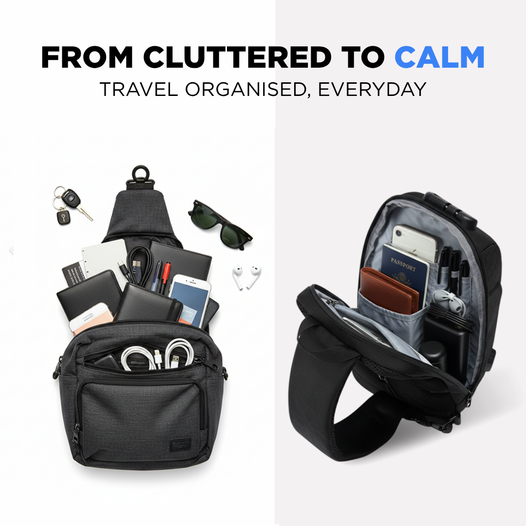 "Unisex anti-theft crossbody bag with USB charging, slash-proof strap, lockable compartment, and hardshell exterior in black.