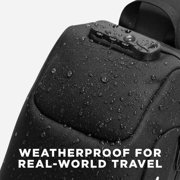 "Unisex anti-theft crossbody bag with USB charging, slash-proof strap, lockable compartment, and hardshell exterior in black.