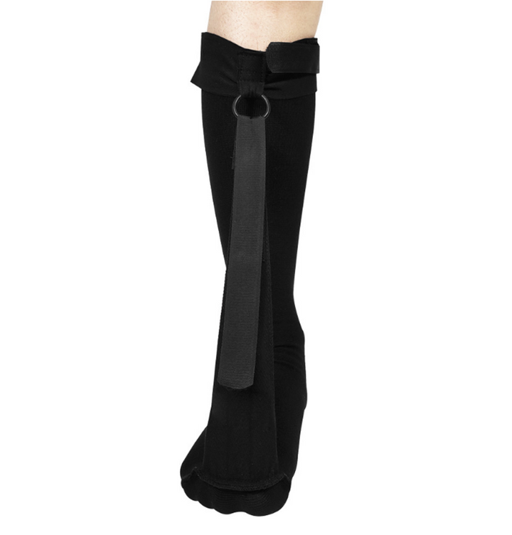 "Unisex black night splint sock for plantar fasciitis, adjustable straps, breathable fabric, health & wellness support"