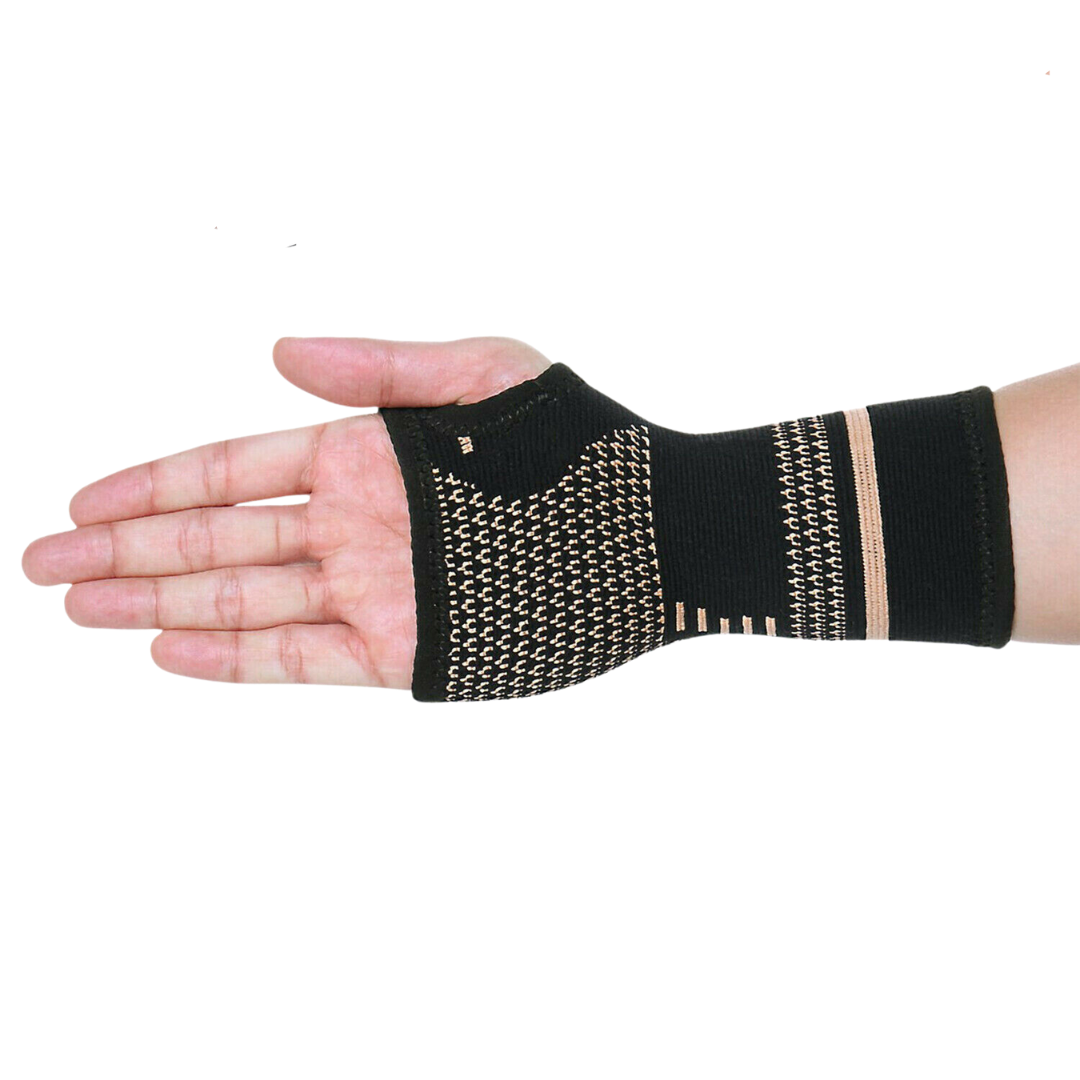 Unisex copper wrist and hand compression brace in sleek black, offering ergonomic support and pain relief for enhanced mobili