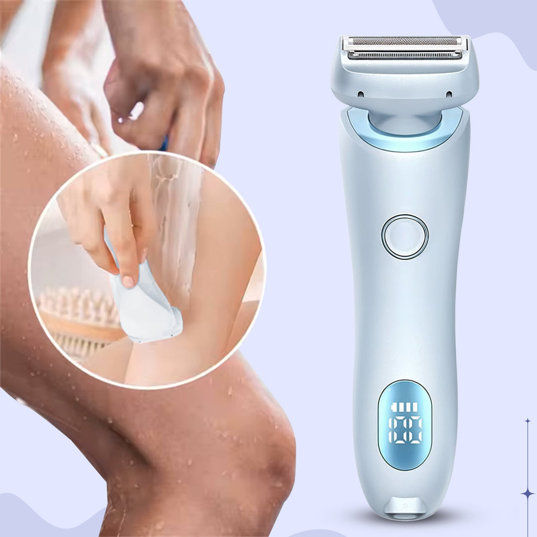 "Unisex electric portable razor for wet and dry shaving, compact design, waterproof, with straight and curved blades."