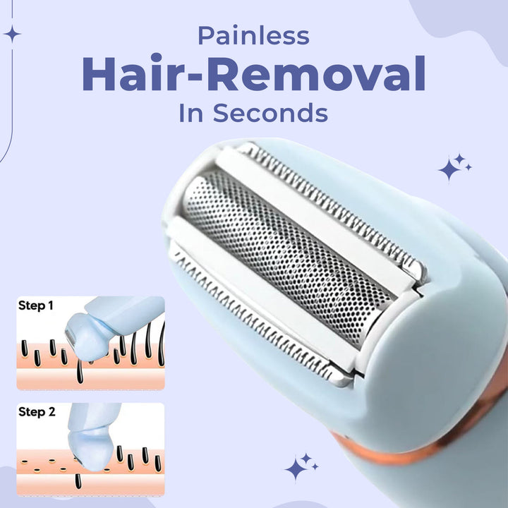 "Unisex electric portable razor for wet and dry shaving, compact design, waterproof, with straight and curved blades."