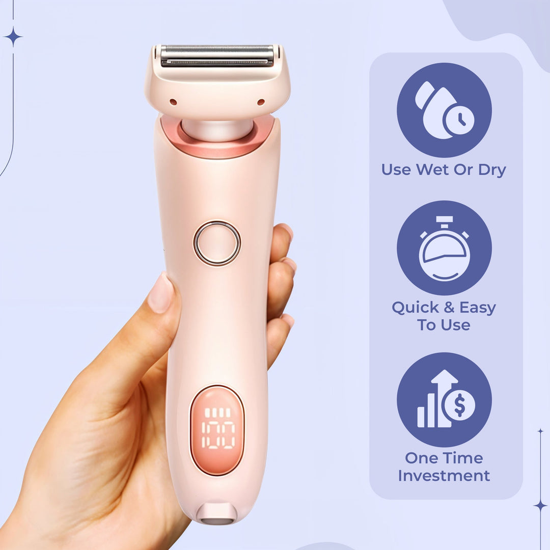 "Unisex electric portable razor for wet and dry shaving, compact design, waterproof, with straight and curved blades."