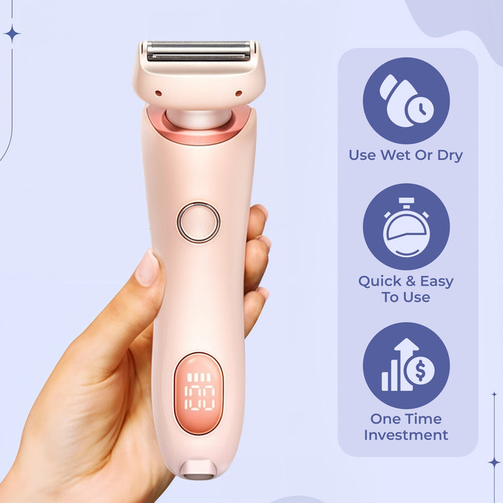 "Unisex electric portable razor for wet and dry shaving, compact design, waterproof, with straight and curved blades."