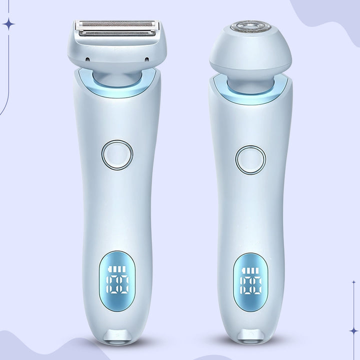 "Unisex electric portable razor for wet and dry shaving, compact design, waterproof, with straight and curved blades."