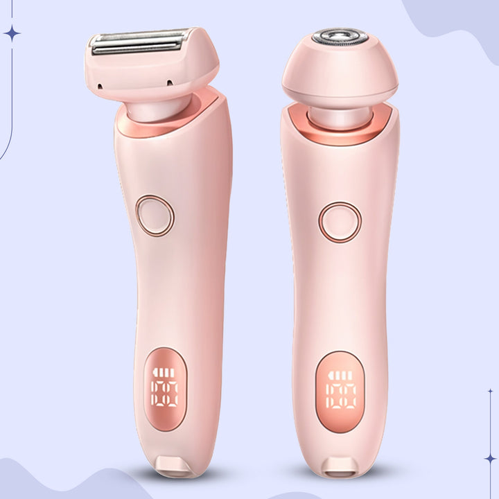 "Unisex electric portable razor for wet and dry shaving, compact design, waterproof, with straight and curved blades."