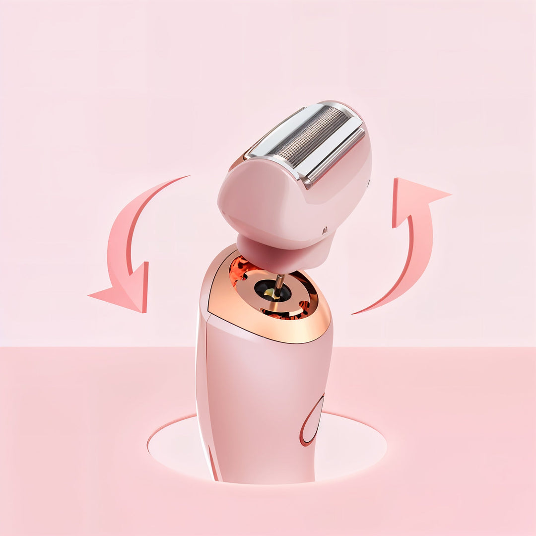 "Unisex electric portable razor for wet and dry shaving, compact design, waterproof, with straight and curved blades."