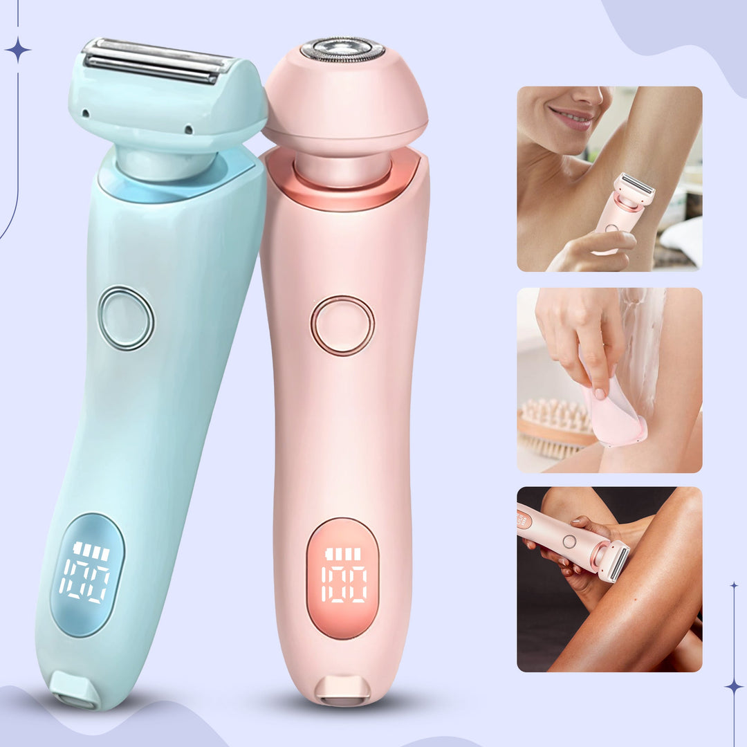 "Unisex electric portable razor for wet and dry shaving, compact design, waterproof, with straight and curved blades."