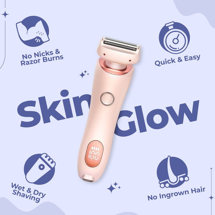 "Unisex electric portable razor for wet and dry shaving, compact design, waterproof, with straight and curved blades."