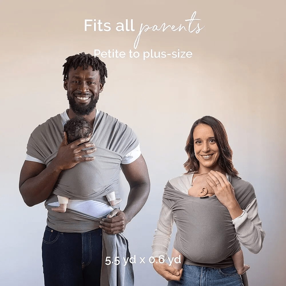 "Unisex ergonomic baby wrap carrier, grey, enveloping baby and parent comfortably for hands-free convenience."