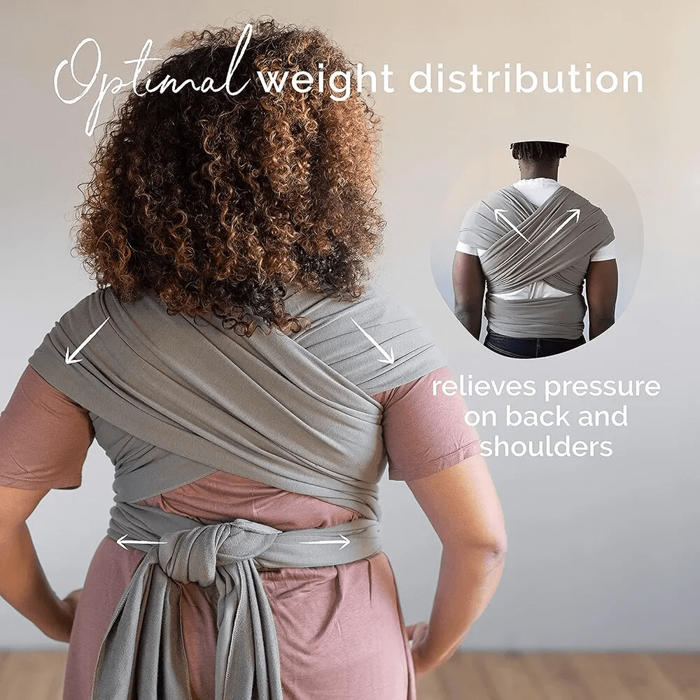 "Unisex ergonomic baby wrap carrier, grey, enveloping baby and parent comfortably for hands-free convenience."