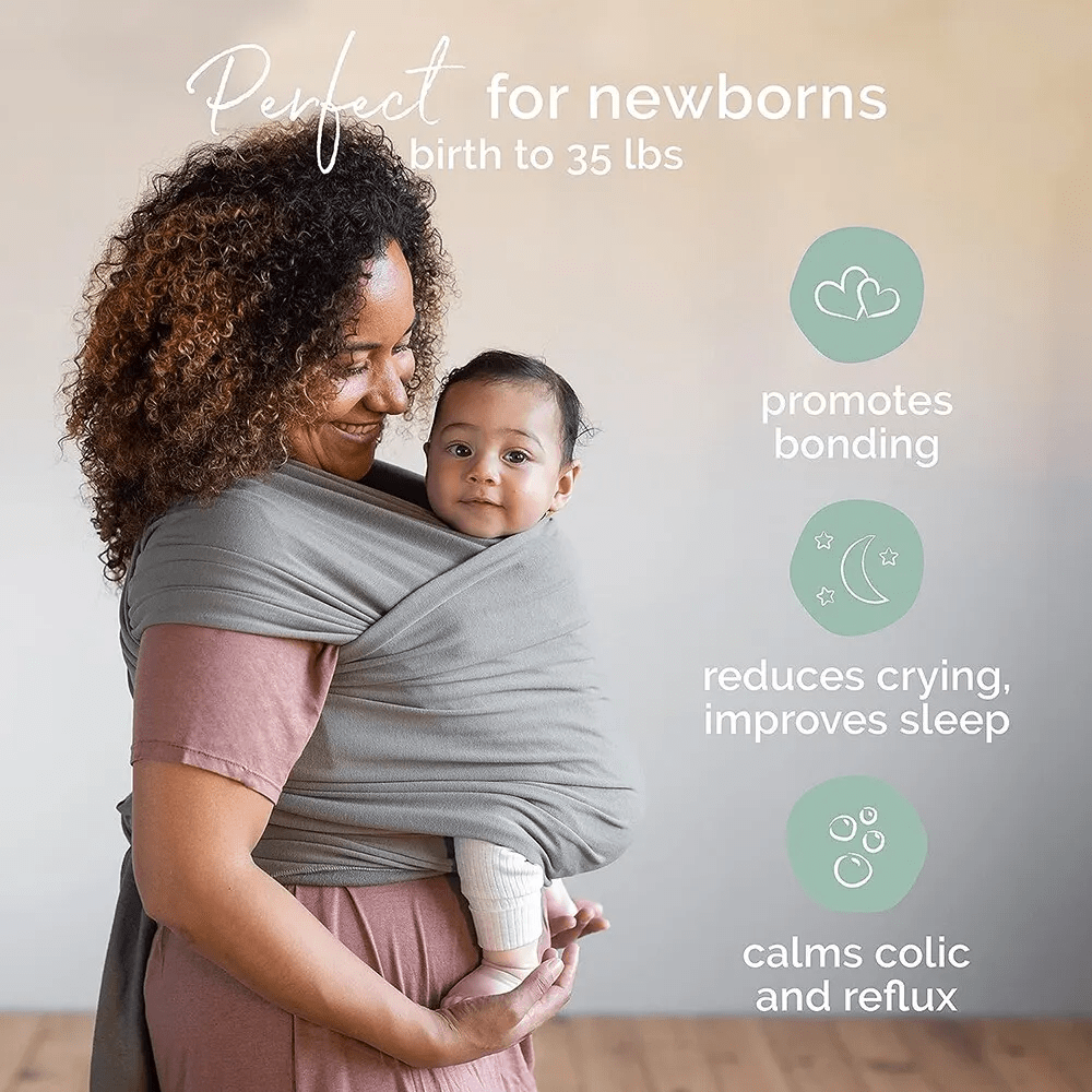 "Unisex ergonomic baby wrap carrier, grey, enveloping baby and parent comfortably for hands-free convenience."