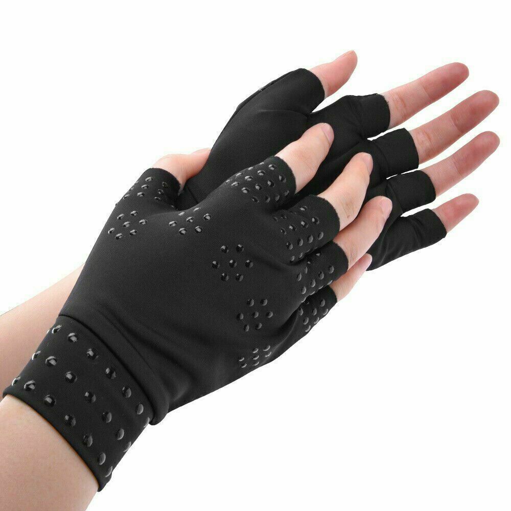 Unisex magnetic compression gloves for arthritis relief in beige, open fingertip design, promotes comfort and pain alleviatio