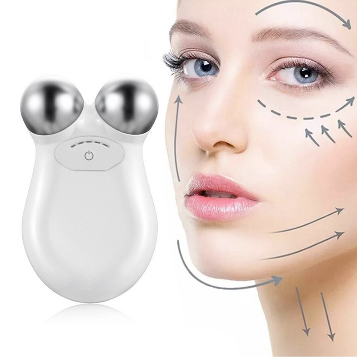 "Unisex microcurrent face lifting device in white, blue, pink. Sleek design for smoother, firmer skin; ergonomic for easy han