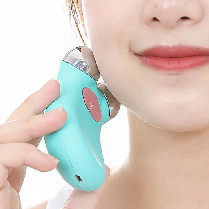 "Unisex microcurrent face lifting device in white, blue, pink. Sleek design for smoother, firmer skin; ergonomic for easy han