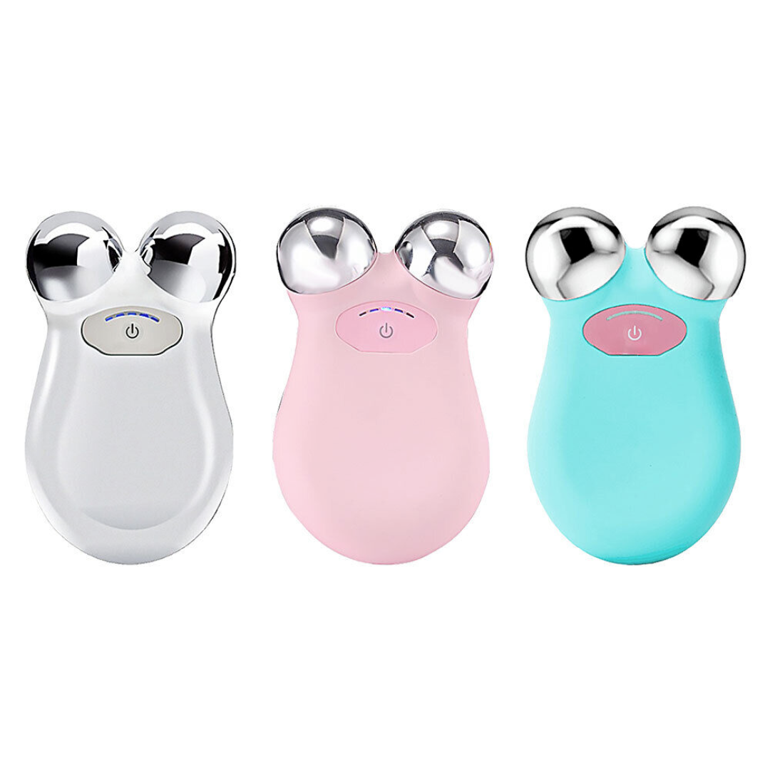 "Unisex microcurrent face lifting device in white, blue, pink. Sleek design for smoother, firmer skin; ergonomic for easy han