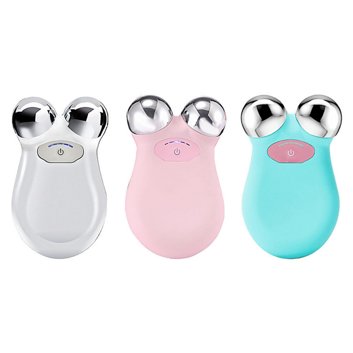 "Unisex microcurrent face lifting device in white, blue, pink. Sleek design for smoother, firmer skin; ergonomic for easy han