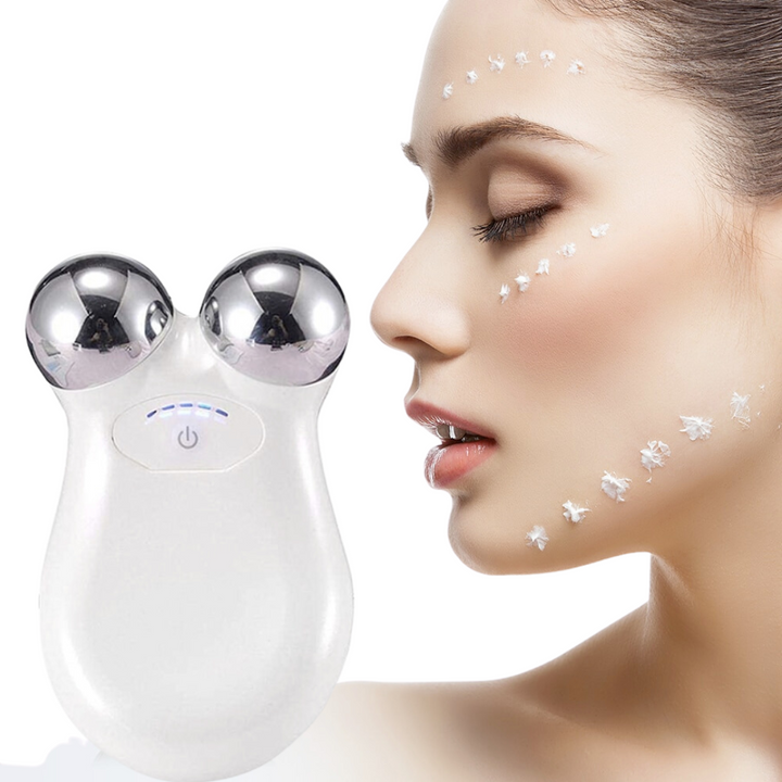 "Unisex microcurrent face lifting device in white, blue, pink. Sleek design for smoother, firmer skin; ergonomic for easy han