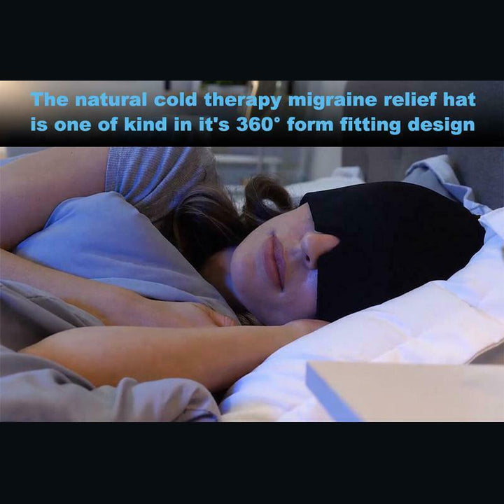 Unisex migraine relief cap in black, offers hot and cold therapy, soft fabric, covers eyes, designed for headache relief.