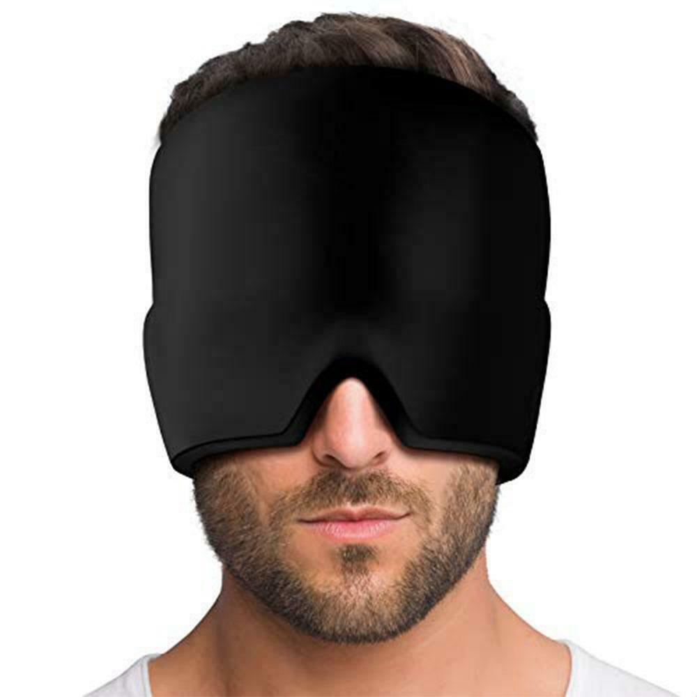 Unisex migraine relief cap in black, offers hot and cold therapy, soft fabric, covers eyes, designed for headache relief.