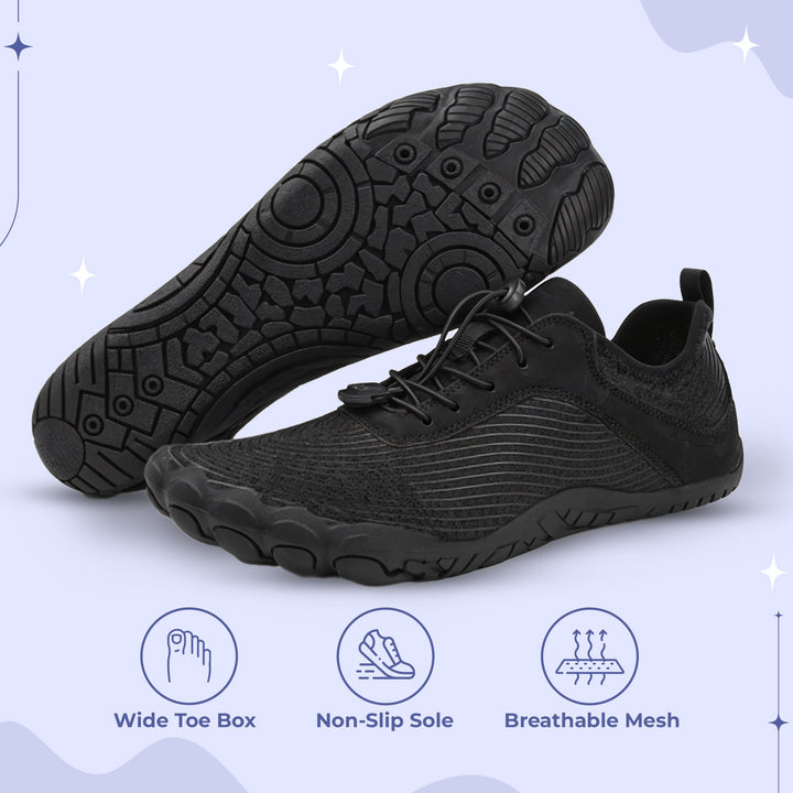 "Unisex non-slip barefoot shoes with wide toe box, flexible, breathable, ideal for hiking, yoga. Various color options."