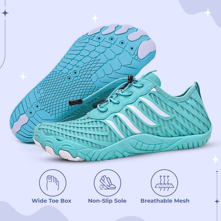 "Unisex non-slip barefoot shoes with wide toe box, flexible, breathable, ideal for hiking, yoga. Various color options."